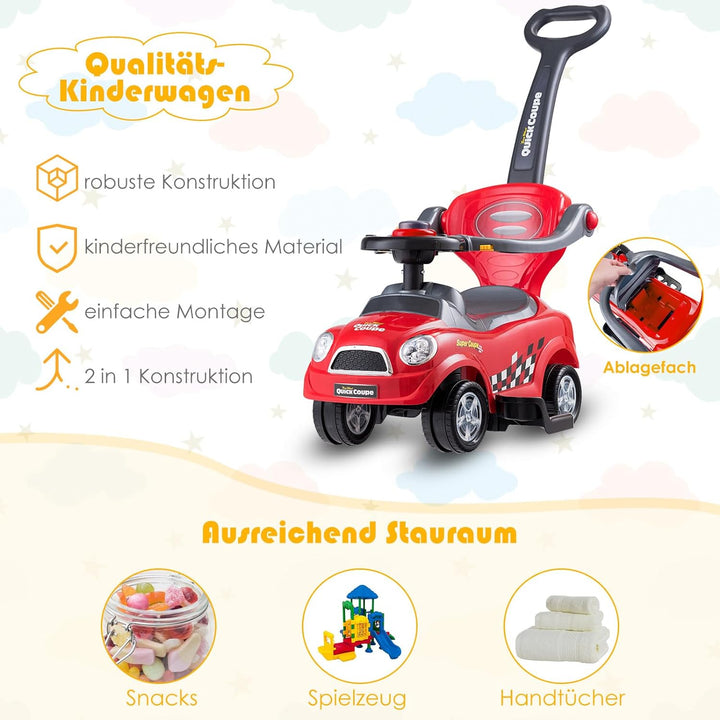 GOPLUS Kinder Rutschauto, Rutschfahrzeug mit Schiebestange, abnehmbaren Sicherheitsbügel & Rückenleh