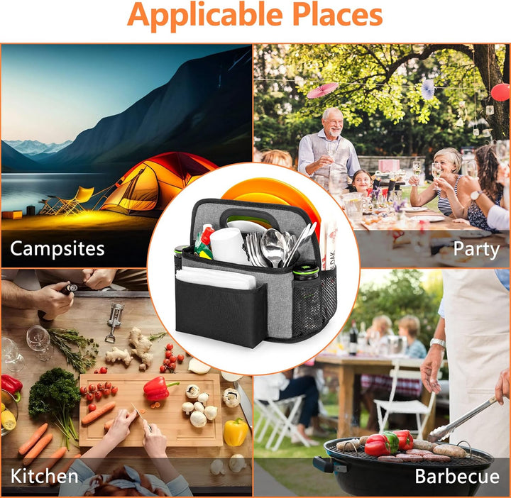 Camping-Utensilientasche, Aufbewahrungstasche für Pappteller mit 4 Fächern für Tassen, Gabeln, Löffe