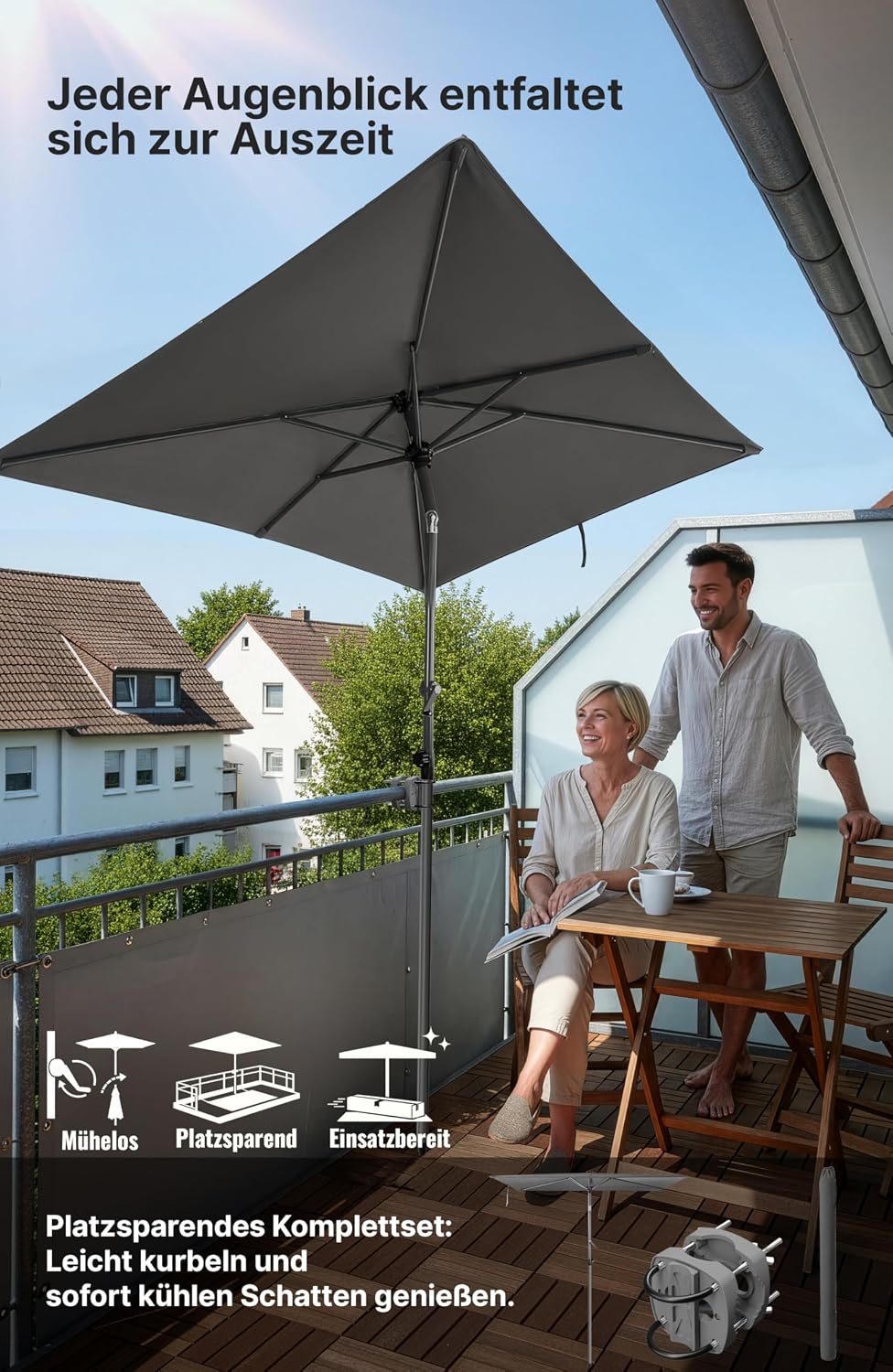 4smile Sonnenschirm Balkon mit Halterung im 3-er-Set, 210x140 cm, UV 50+, Sonnenschutz Balkon, Balko