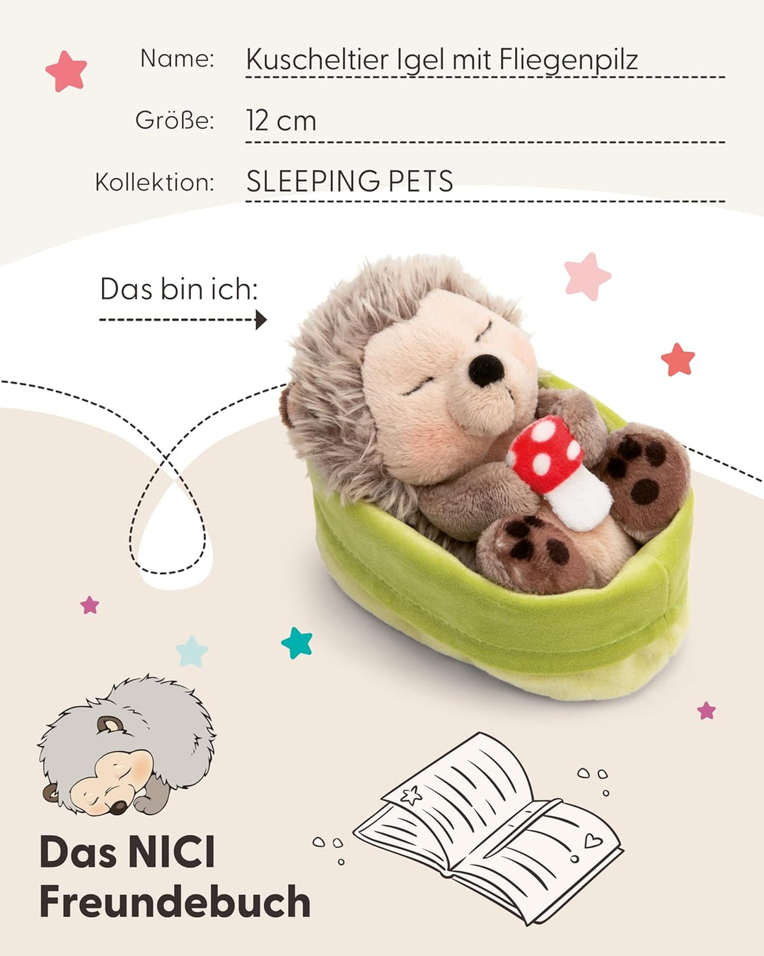 NICI Kuscheltier Igel mit Fliegenpilz schlafend im Körbchen - braun - Stofftier aus weichem Plüsch,