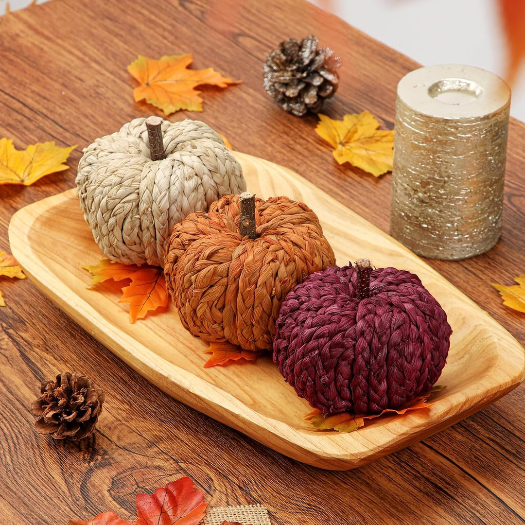 Hollyone 3er-Set Künstlicher Kürbis Herbstdeko Kleine Kürbisse Deko Orange Rot Beige Gewebte Kürbiss