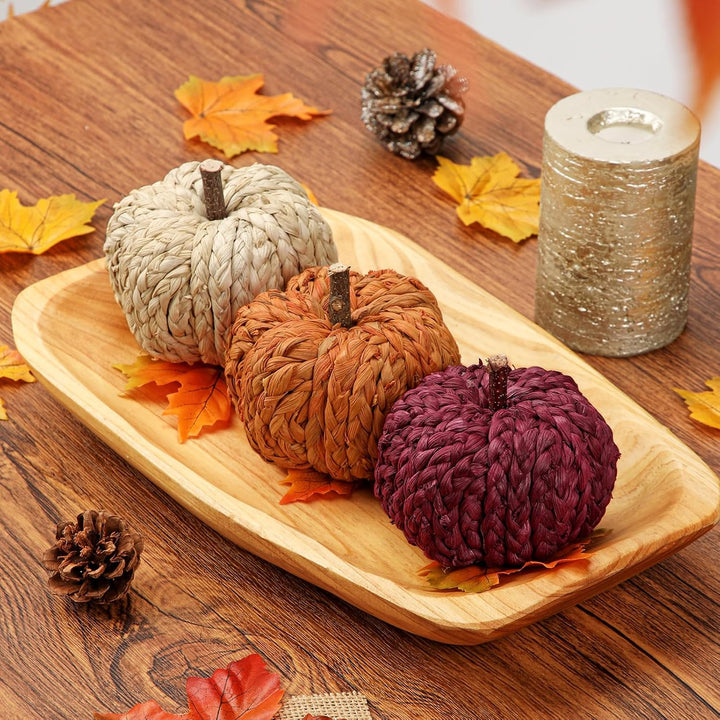Hollyone 3er-Set Künstlicher Kürbis Herbstdeko Kleine Kürbisse Deko Orange Rot Beige Gewebte Kürbiss