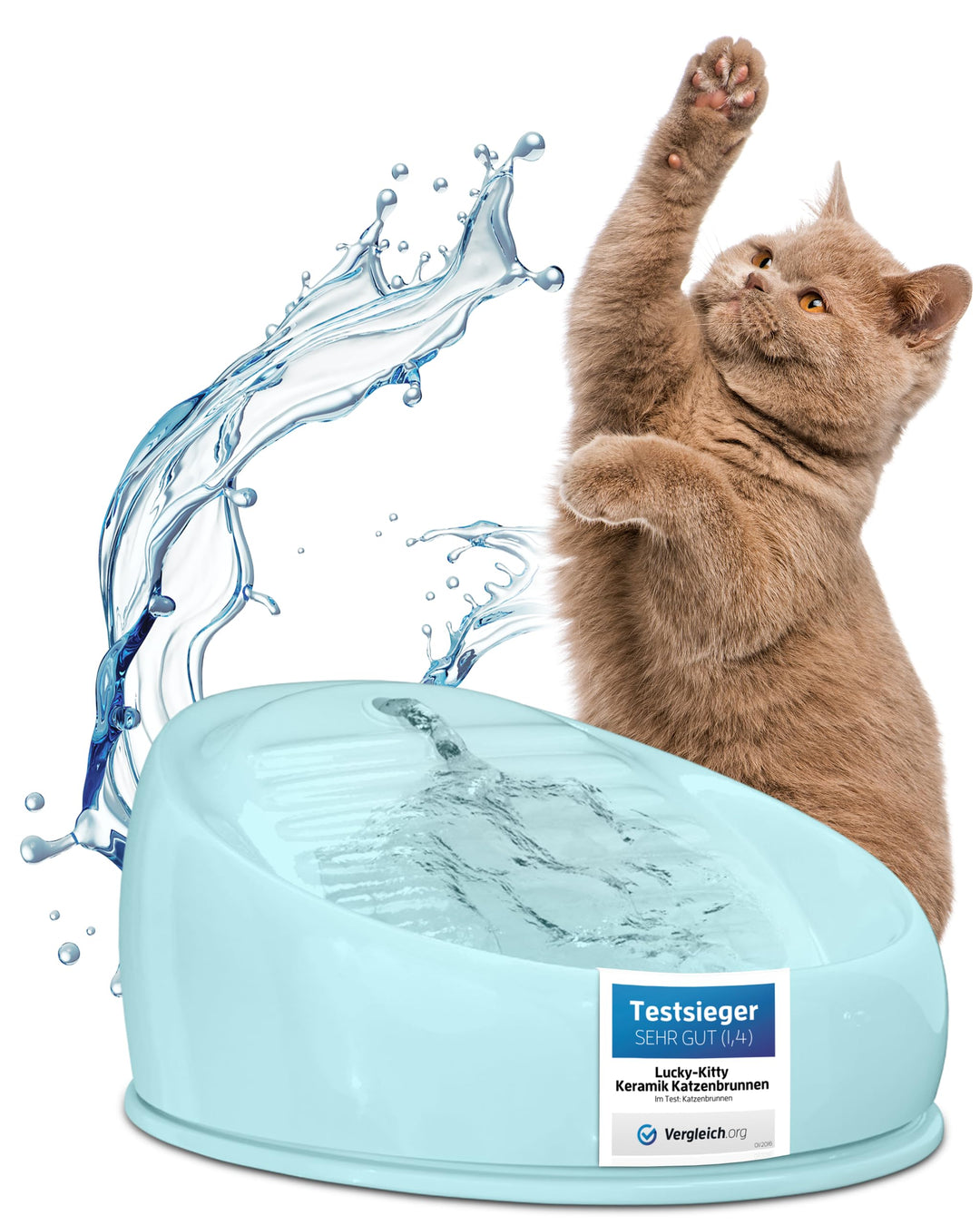Lucky-Kitty Trinkbrunnen für Katze blau I Katzenbrunnen Keramik Handarbeit, hygienisch I Kein Auflad