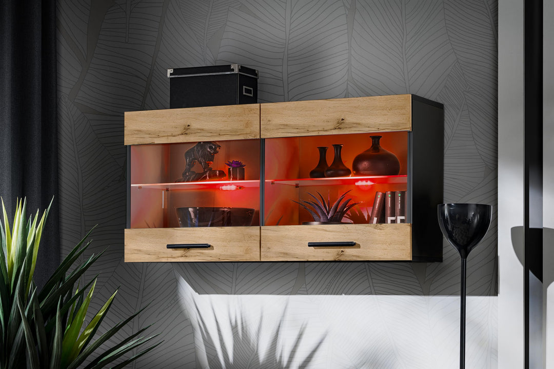 Komodee, Vitrine Schrank Savona, Schwarz/Wotan, Breite 100cm x Höhe 50cm x Tiefe 30cm, LED RGB, 2 Gl