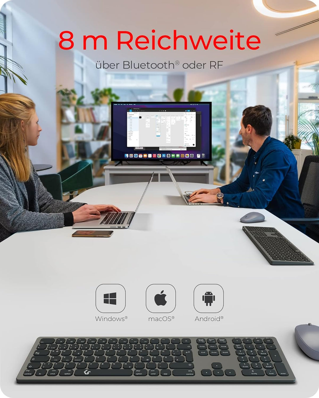 KeySonic Kabellose Bluetooth-Tastatur für Windows/MacOS/Android, Deutsches QWERTZ-Layout, Schwarz