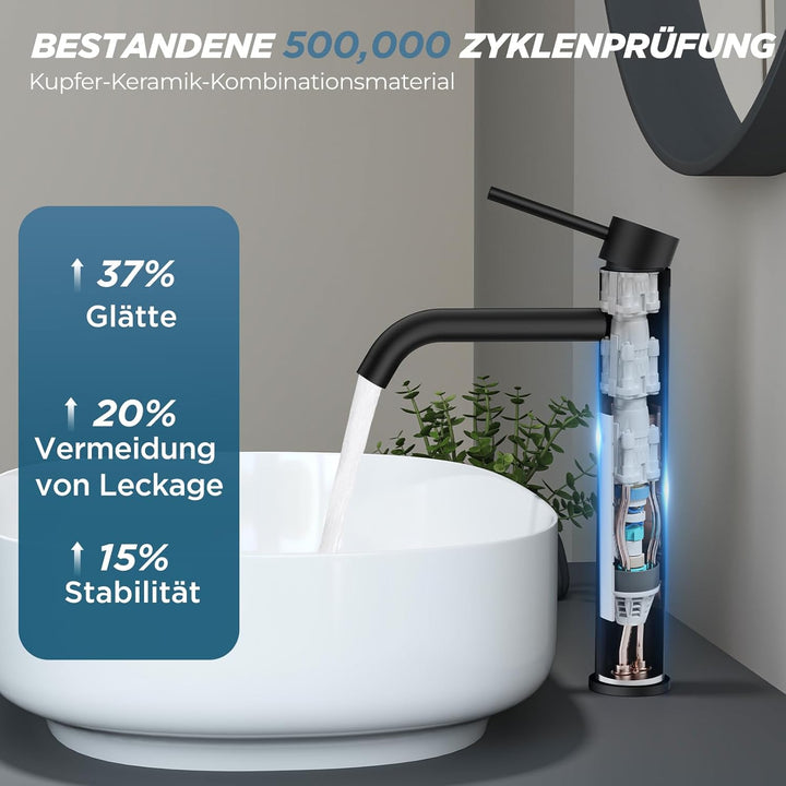 FORIOUS Wasserhahn Bad, Waschtischarmatur Hoch Waschbecken Armaturen in Schwarz mit Auslaufhöhe 190
