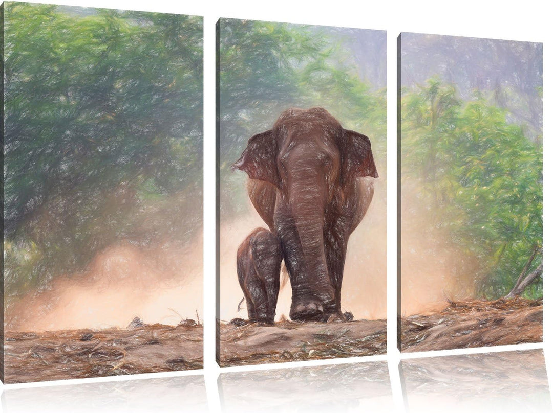 Pixxprint Elefanten Baby Mama als Leinwandbild/Grösse: 3 Teilig (120x80 cm) cm/Wandbild/Kunstdruck/f