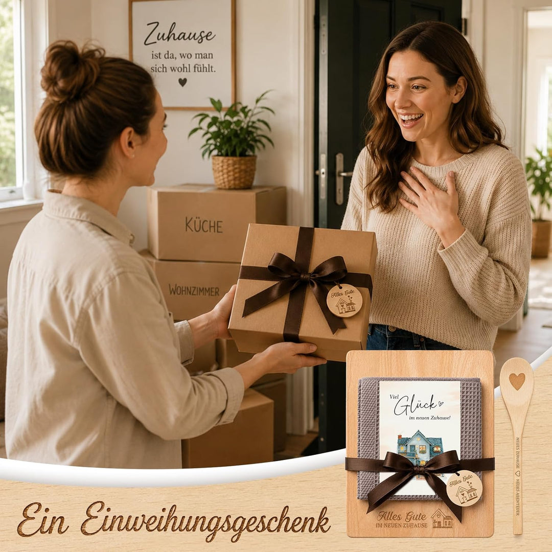 Giftota Einzugsgeschenke zum Einzug – Geschenk neues Zuhause mit graviertem Holzschneidebrett, Baumw