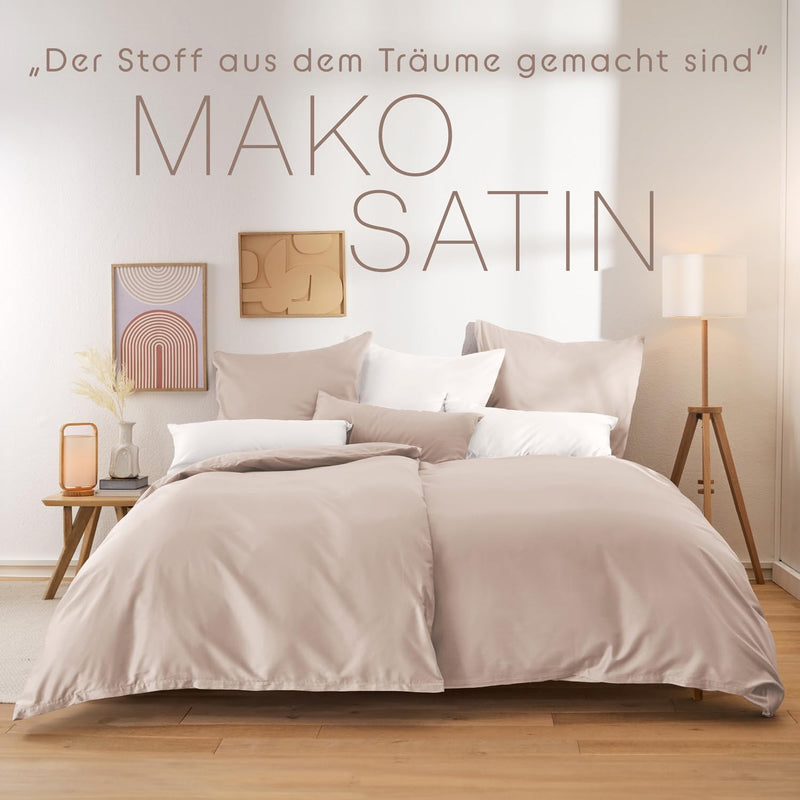 Blumtal Mako Satin Bettwäsche-Set 135x200 & 40x80 Kissenbezug Beige - Oeko Tex Zertifiziert - Satin