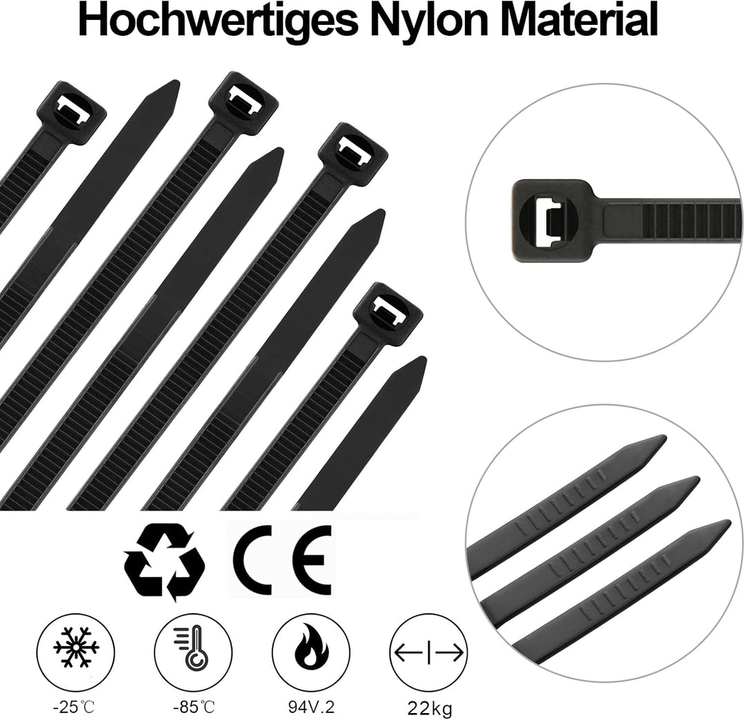 500 Stück Kabelbinder Schwarz 12in, 300mm x 4,8mm Nylonbinder, Cable Ties Zugfestigkeit mit 22 kg, U