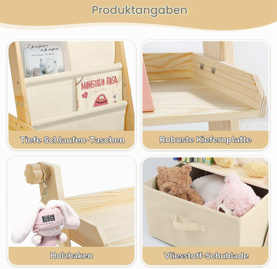 Bücherregal Kinder Kinderzimmer Spielzeug Aufbewahrung mit 4 Regalebenen &amp; Aufbewahrungsbox, Kinderr