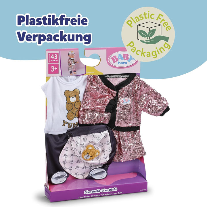 Baby Born Glam-Outfit mit pinkem Pailletten-Rock &amp; Jacke, Shirt mit Teddydruck, Cap &amp; Leggins für 43