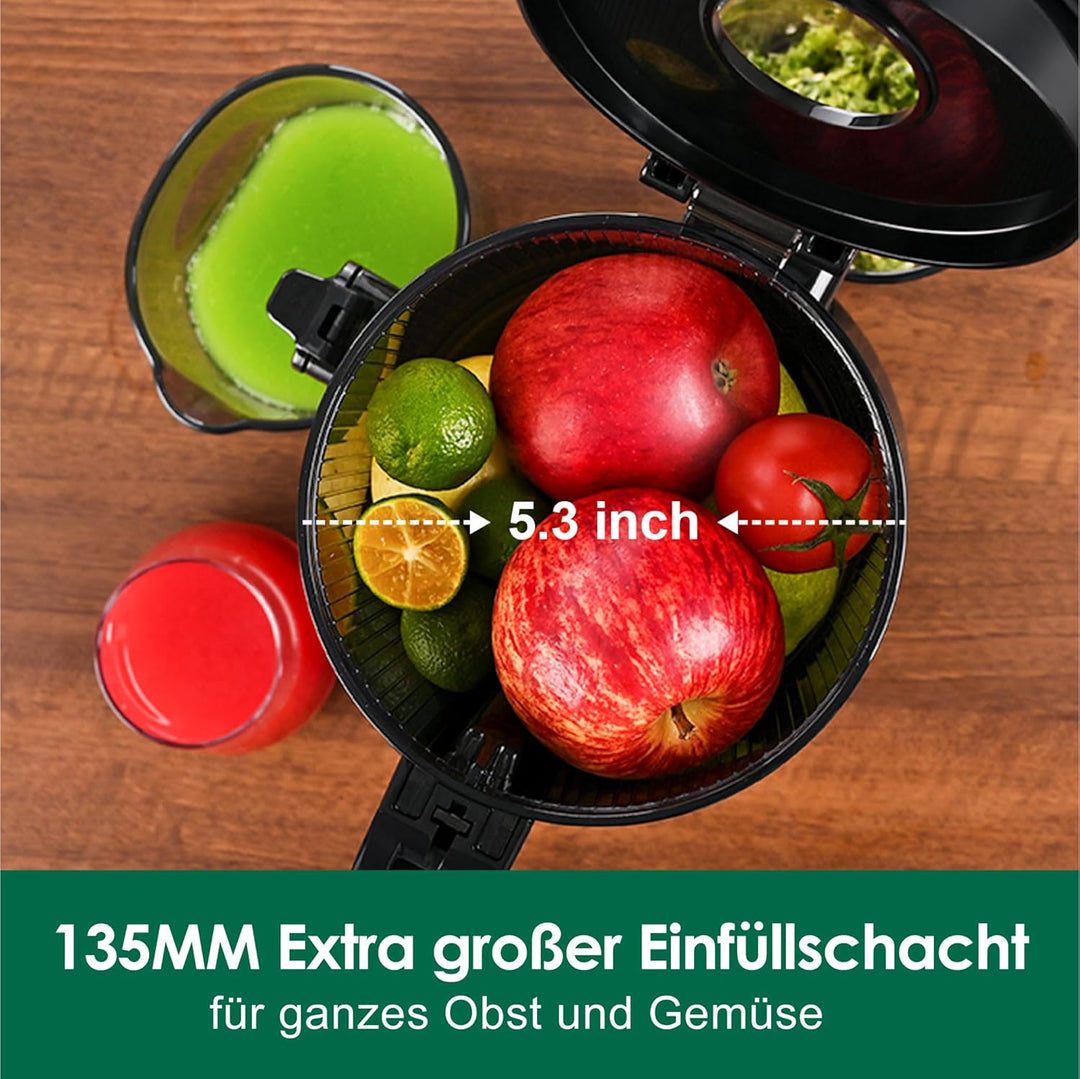 Fretta Entsafter Slow Juicer mit 135mm Öffnung,Entsafter Gemüse und Obst,250W Mastizier-Entsafter mi