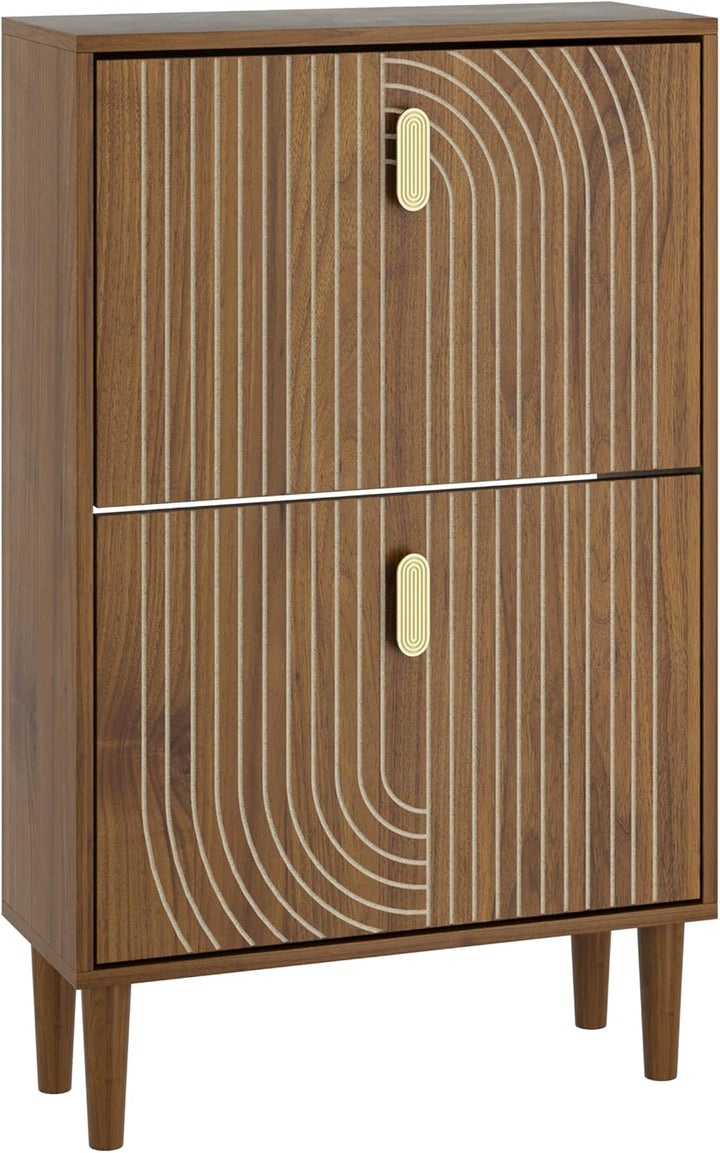 Smuxee Schuhschrank mit 2 Klappfächern, 60 cm Nussbaum Optik Schuhschrank mit Rillendesign, freisteh