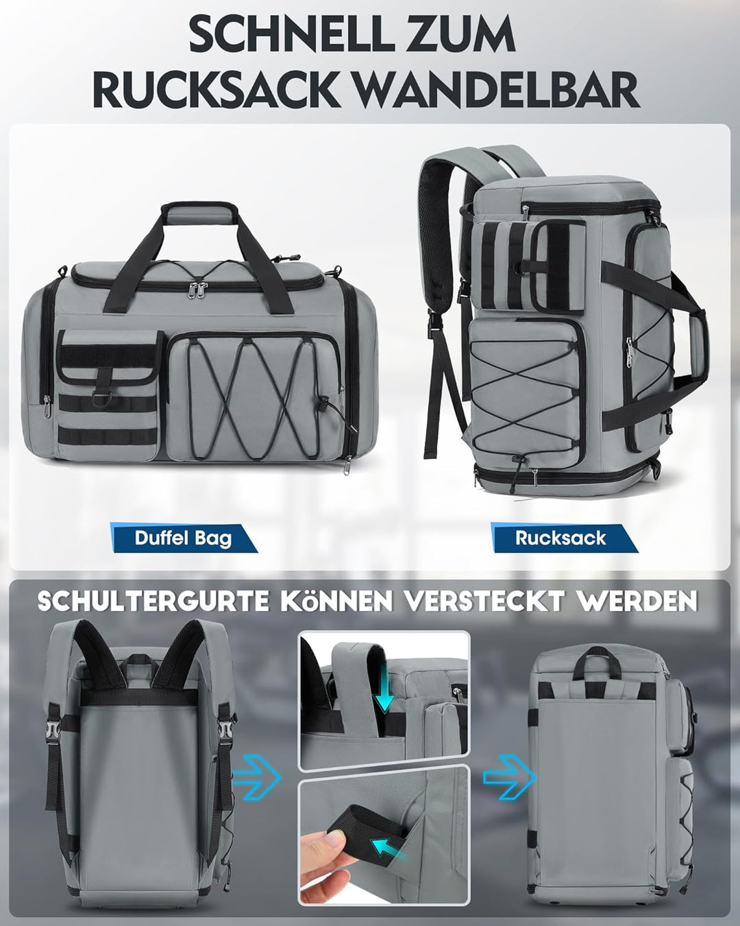RAINSMORE 45L Sporttasche Herren Damen, 3-IN-1 Reisetasche mit Schuhfach Nassfach, Wasserdicht Gym D