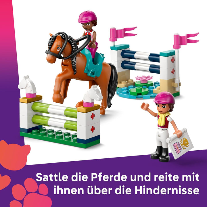 LEGO Friends Pferdestall und Reitschule - Lern-Spielset mit 3 Mini Puppen, 2 Pferdefiguren, einem Hu