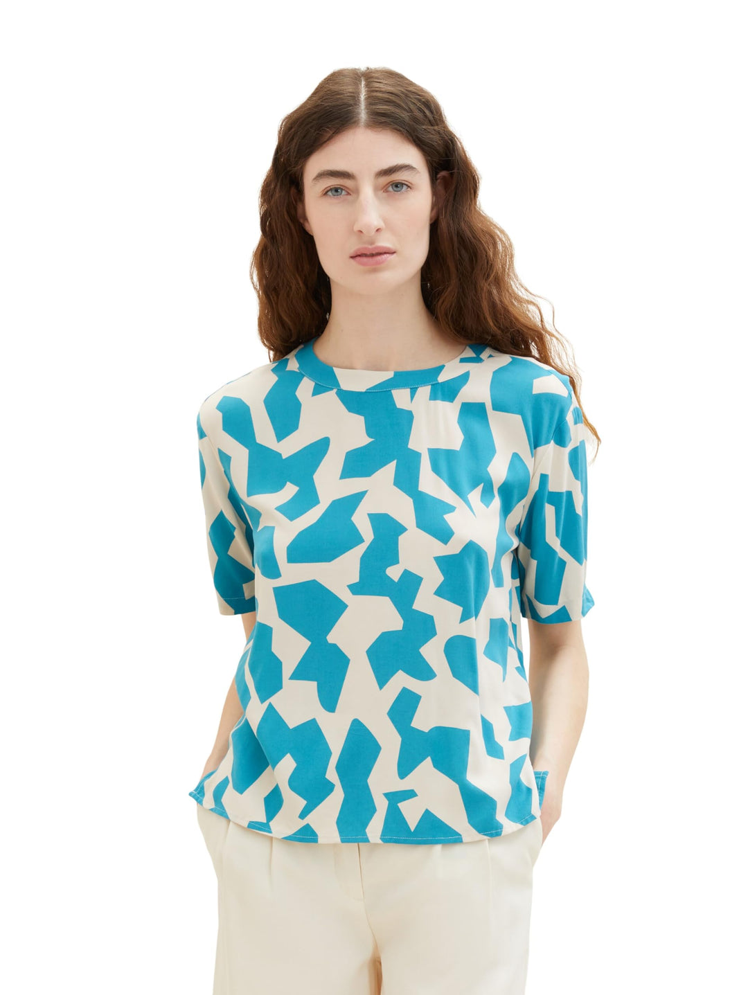 TOM TAILOR Damen T-Shirt Bluse 36 32146 - Petrol Big Abstract Design, 36 32146 - Petrol Big Abstract
