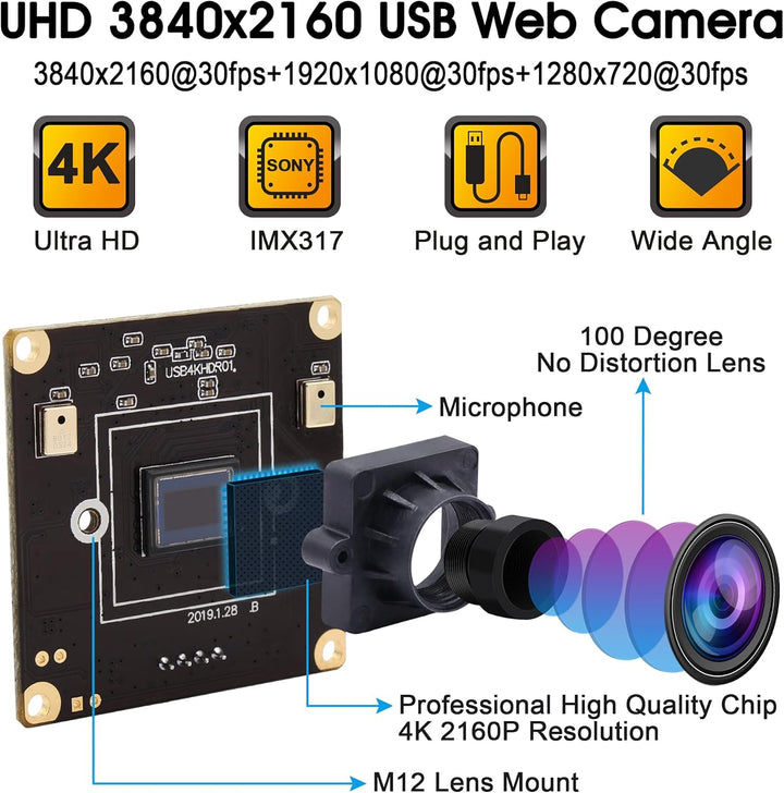 ELP 4K Ultra HD Webcam Unterstützung 3840x2160@30fps mit No-Distortion Objektiv, IMX317 Sensor PC We