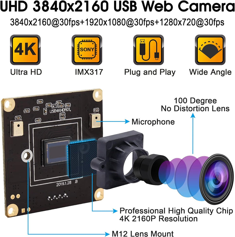 ELP 4K Ultra HD Webcam Unterstützung 3840x2160@30fps mit No-Distortion Objektiv, IMX317 Sensor PC We
