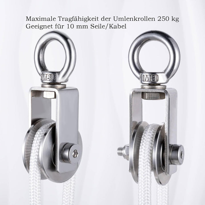 Umlenkrolle mit 2 Kugellager, Edelstahl Fitness flaschenzug, 40mm Umlenkrollen für 8mm Seile Stahlse