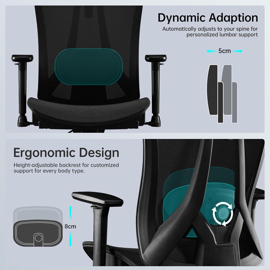 Bürostuhl Ergonomisch mit Verstellbar 3D Armlehne, Kopfstütze und Lendenwirbelstütze, Carbon-Mesh Ga