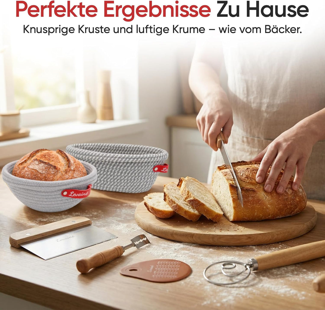 Levainé Sauerteig Starter Set mit Gärkörbchen Set (Rund & Oval) und Zubehör – Brot Backen Zubehör Se