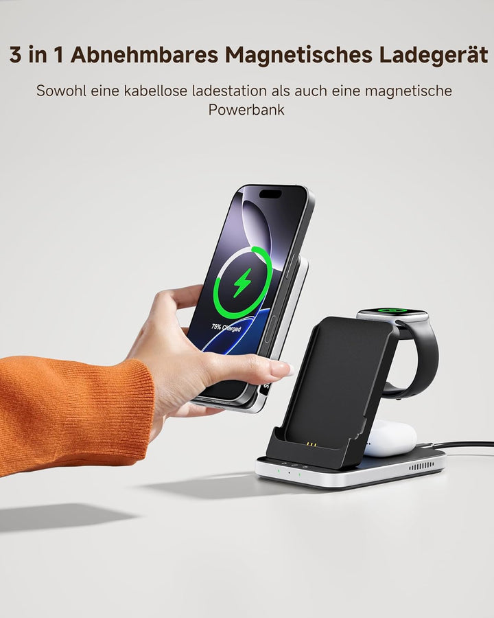 SwanScout 3 in 1 Magnetische Induktive Ladestation, 5000mAh Powerbank Kompatibel mit Magsafe für iPh