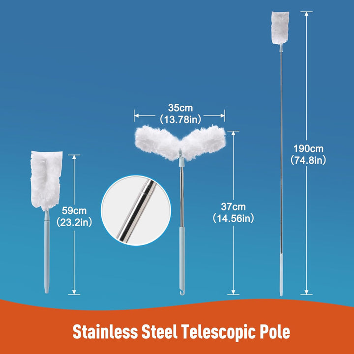 CLEANHOME Doppelseitiger Staubwedel Teleskop,Maximal 190 cm langer Edelstahlgriff,12 Tücher Verdickt