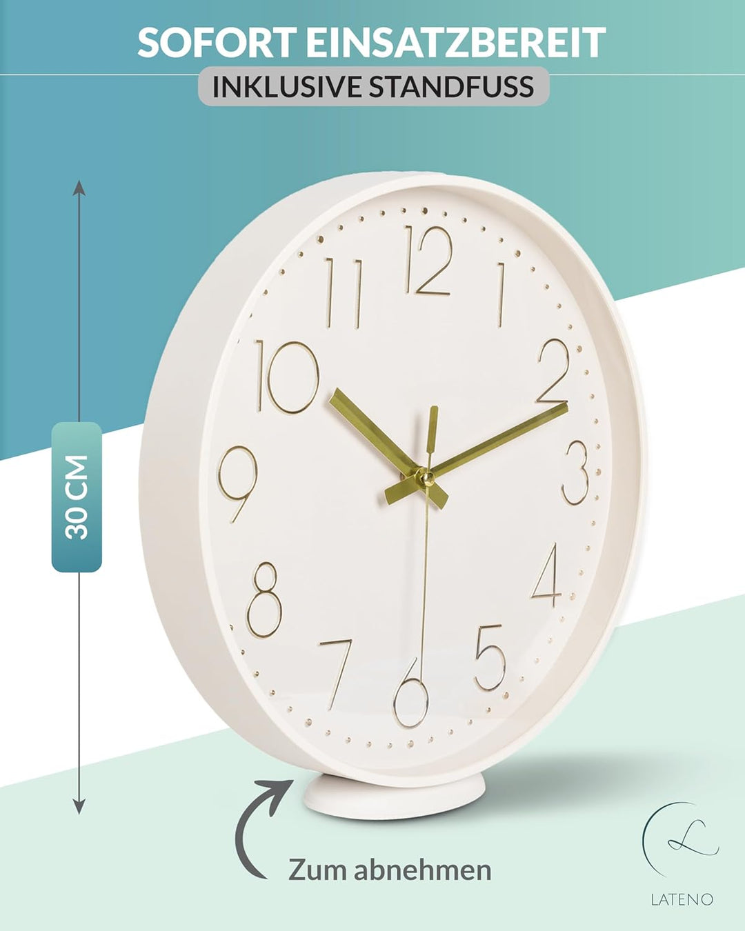Wanduhr Beige - 30 cm - Ohne Tickgeräusche - Analoge Uhr zum Aufhängen &amp; Hinstellen - Batteriebetrie