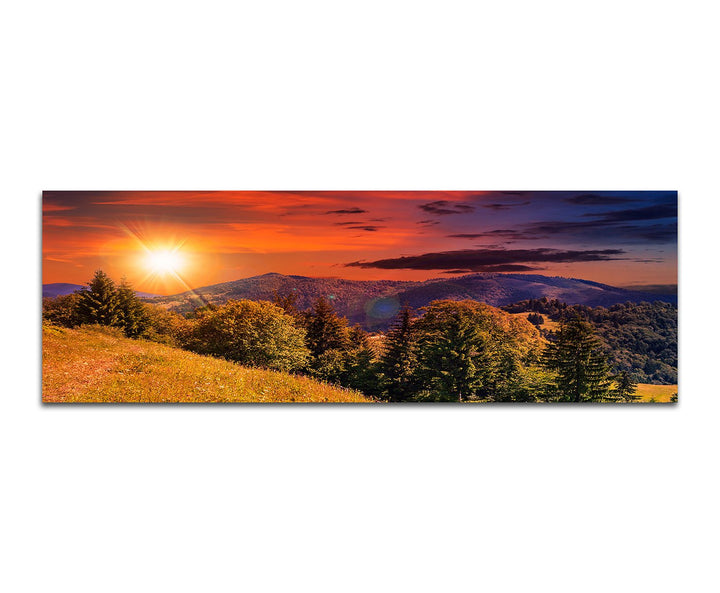Paul Sinus Art Panoramabild auf Leinwand und Keilrahmen 150x50cm Berge Wald Wiesen Sonne Abendrot