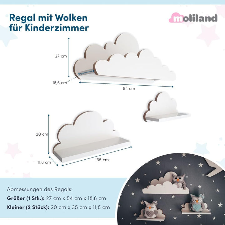 3er Set Wandregal Kinderzimmer Weiss | Babyzimmer Wolkenregal für Bücher, Spielzeug und Dekoration |