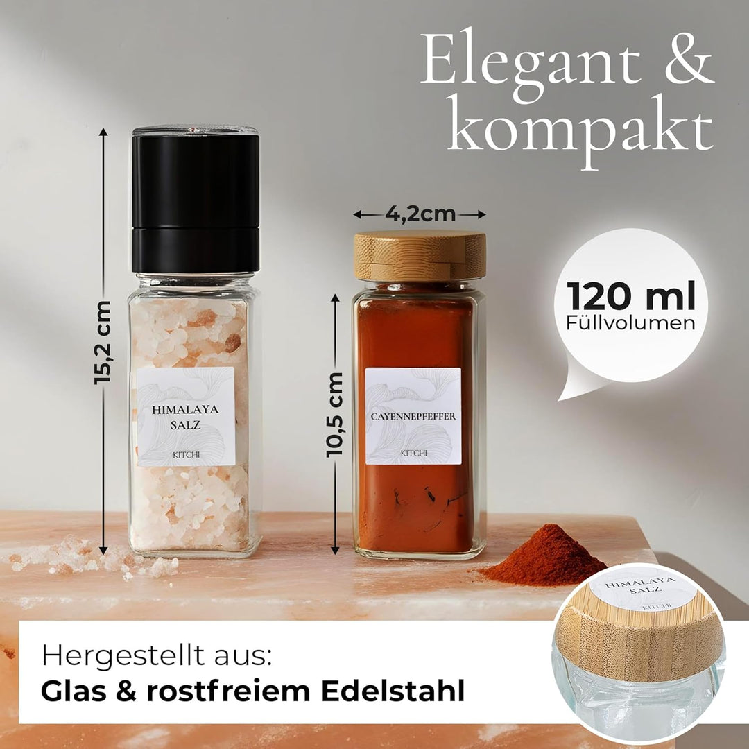 KITCHI Gewürzgläser Eckig Set 24 Stück – Bambus Deckel, inkl. 2 Mühlen für Salz & Pfeffer | Gewürzdo