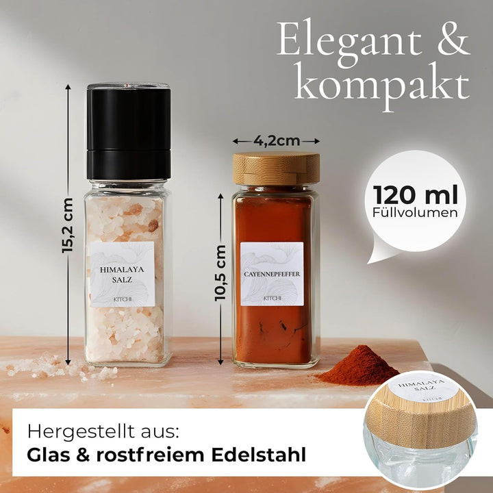 KITCHI Gewürzgläser Eckig Set 24 Stück – Bambus Deckel, inkl. 2 Mühlen für Salz & Pfeffer | Gewürzdo