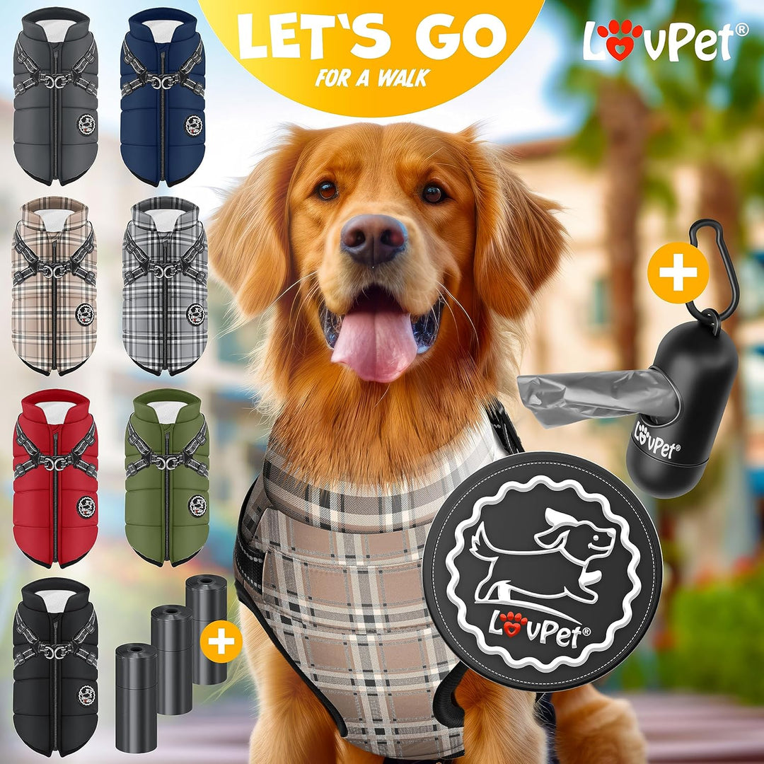 Hundejacke Hundemantel mit Geschirr, inkl. 45 Stück Kotbeutel + Spender, Hunde Winterweste gefüttert