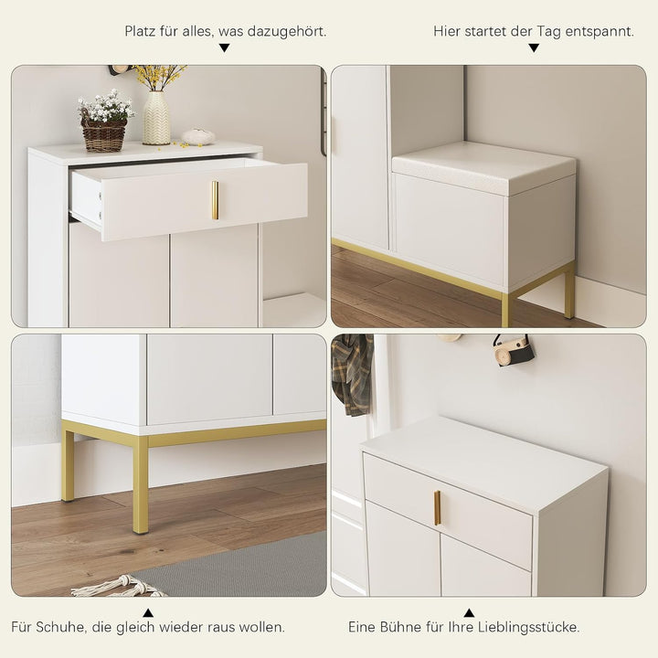 KEEPREAPER Schuhschrank Tiefe 30cm Schuhkommode Weiss + Gold