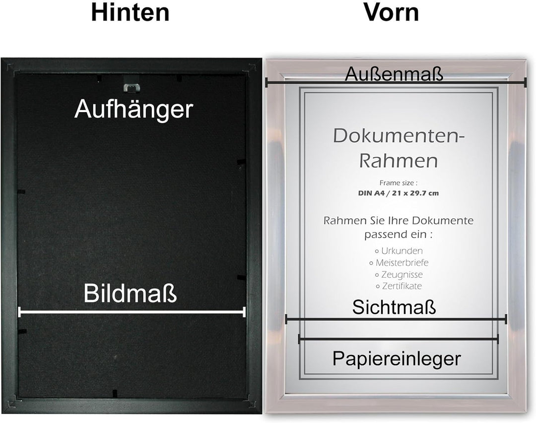 10 x Urkundenrahmen, DIN A4, 21x29,7 Fotorahmen, Bilderrahmen A4,Silber 10 X Silber, 10 X Silber