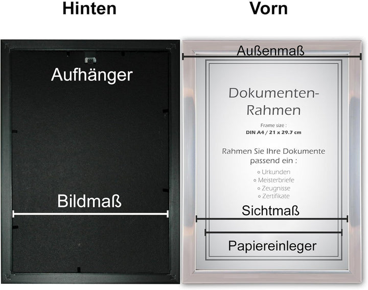 10 x Urkundenrahmen, DIN A4, 21x29,7 Fotorahmen, Bilderrahmen A4,Silber 10 X Silber, 10 X Silber