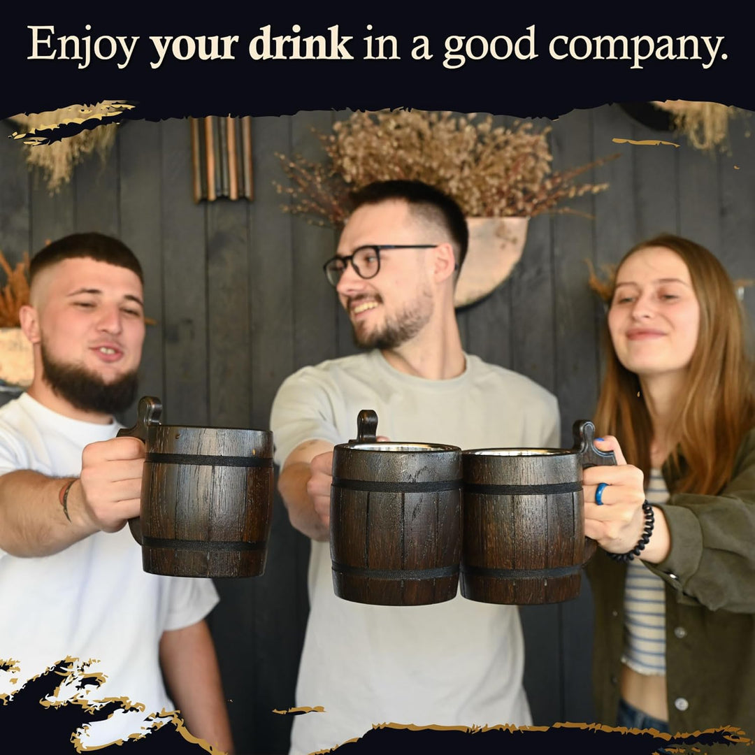 MyFancyCraftLUKRA Bierbecher aus Eichenholz, handgefertigt, Edelstahl-Tasse, 0,6 Liter, 20 Unzen, Ba