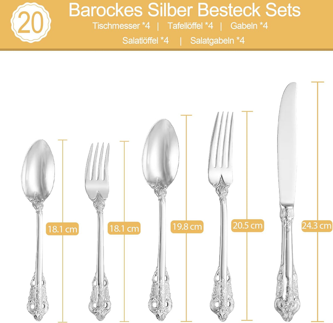 Prächtiges Barock Silber 18/10 Edelstahl Besteck-Set mit 20 Teilen, rostfreies Edelstahl Besteck ink