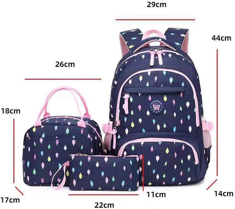 Schulrucksack Rucksack Mädchen, Schultaschen 3 Teile Set Schulranzen mit Lunch-Taschen Federmäppchen