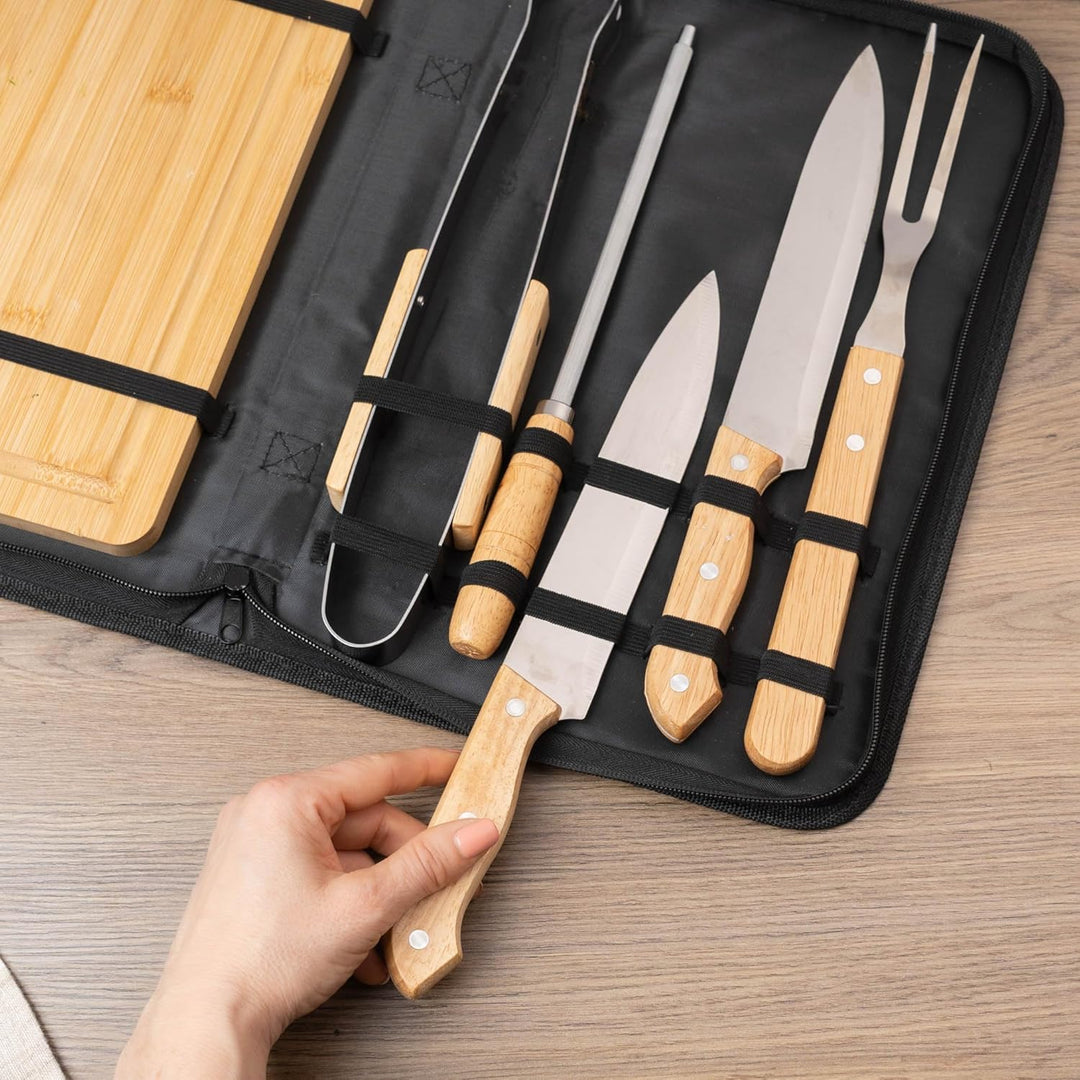 Wanapix | Personalisiertes BBQ-Set | Enthält 6 Ubehörteile (2 Messer, Schärfer, Tranchiermesser,Zang