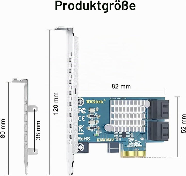 10Gtek 4-Port PCIe SATA-Karte 6 Gbit/s SATA3.0 Controller X1, unterstützt 4 SATA 3.0 Geräte, Windows