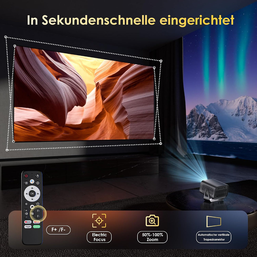 Mini Beamer 4K Smart Beamer【Offizielle App】mit Full HD 1080P, 1000 Lumen, Autofokus und Trapezkorrek