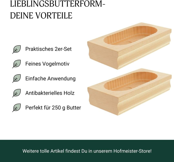 2X HOFMEISTER® Butterform, für 250 g Butter, 19 cm, 2 Vögel, handgeschnitzt in Deutschland, Butter-F