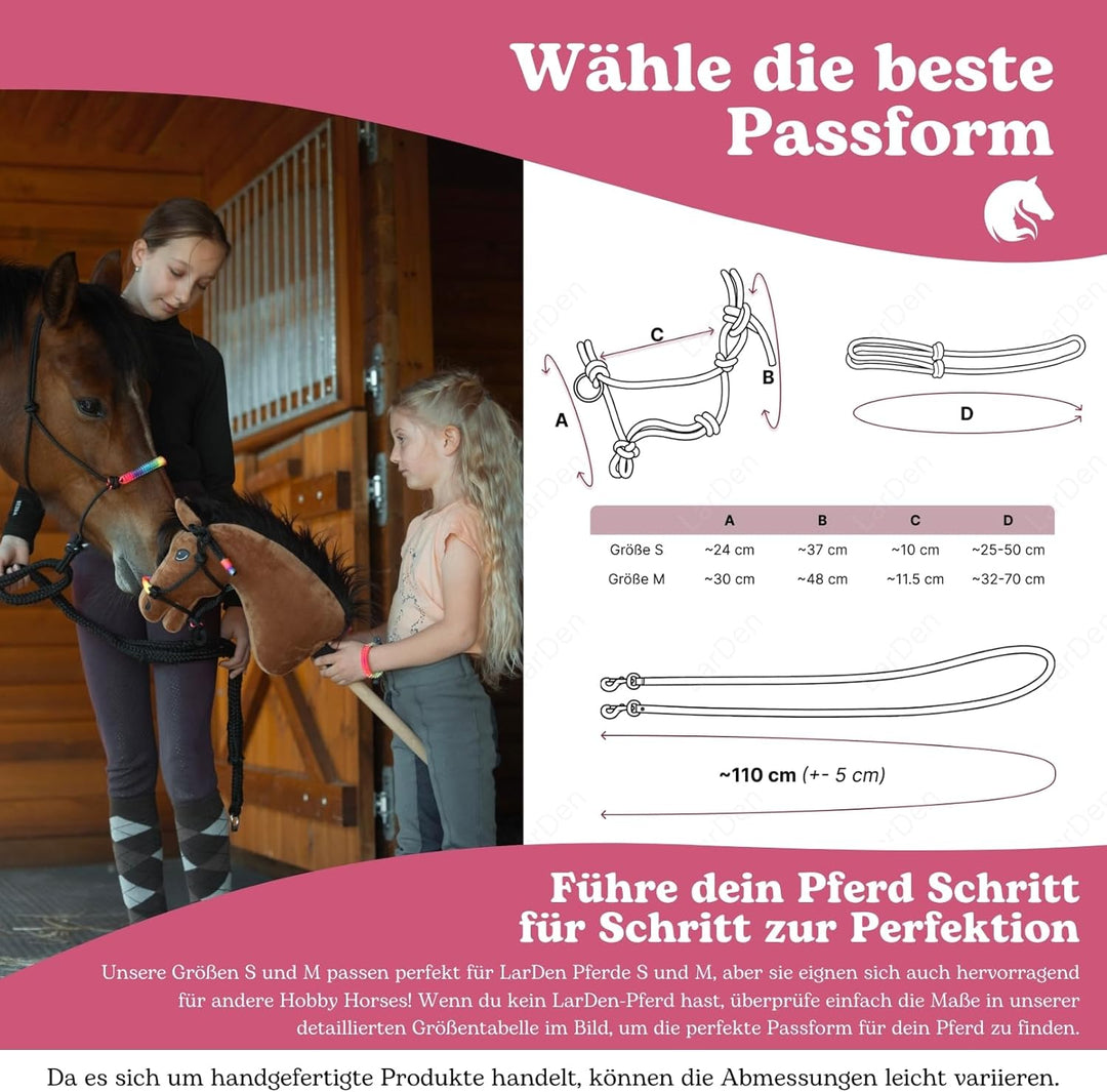 LarDen Hobby Horse Zubehör SeilSet - Halfter mit Zügel &amp; Halsring für Steckenpferd - Braun, Rot - St