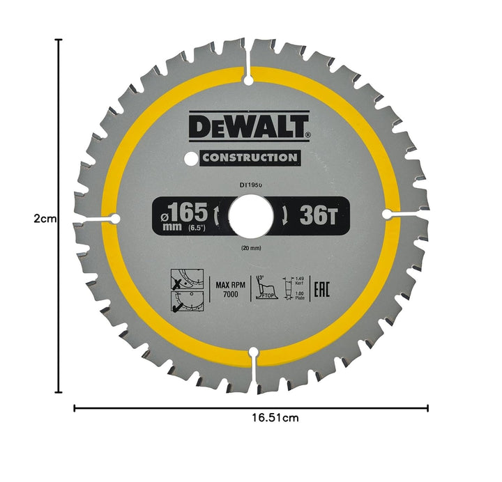 Dewalt Bau-Kreissägeblatt Construction für Akku-Handkreissäge DT1950 (165/20mm 36WZ, 20° Zahnwinkel,