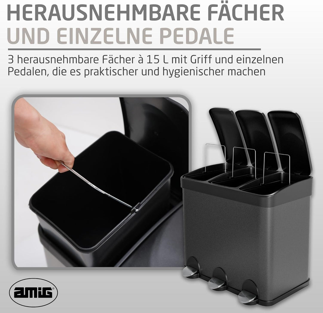 Amig - Dreifacher Mülleimer mit Pedalen 45 Liter | 3 herausnehmbare 15-Liter-Fächer | Recyclingbehäl