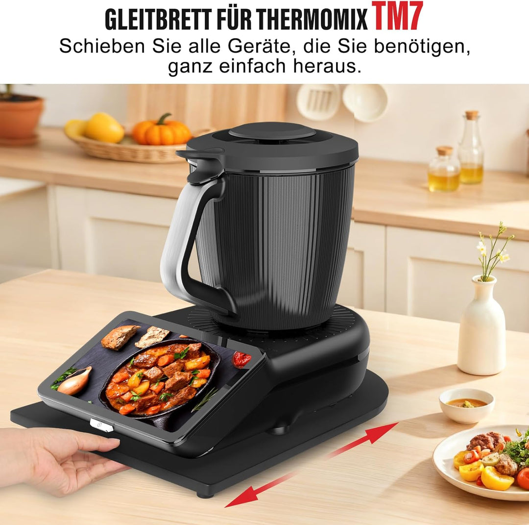 Bambus Gleitbrett für Thermomix TM7 mit 360° Rollen, Müheloses Verschieben des TM7 Hochwertiger Roll