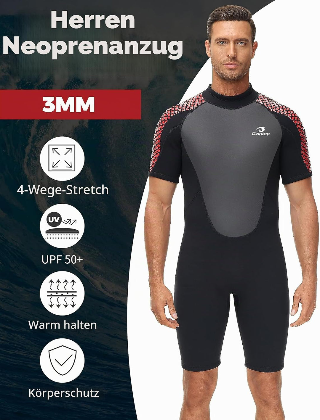 Owntop Neoprenanzug kurz Herren &amp; Damen, 3/2 mm Neopren Wetsuit für Tauchen, Surfen, Schwimmen und K