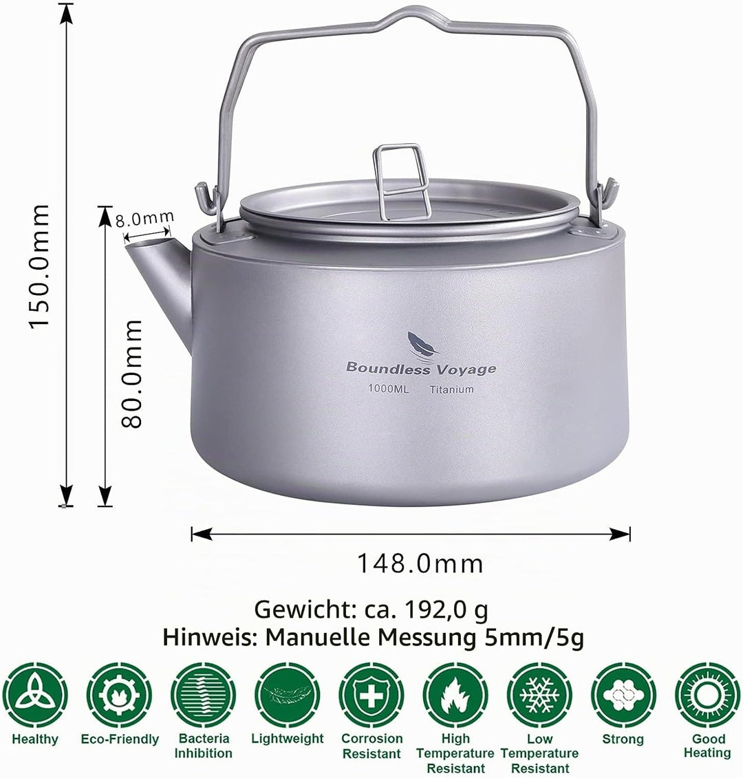 iBasingo 1L Titan Wasserkocher Camping Teekanne mit Grossem Fassungsvermögen mit Klappgriff &amp; Filter